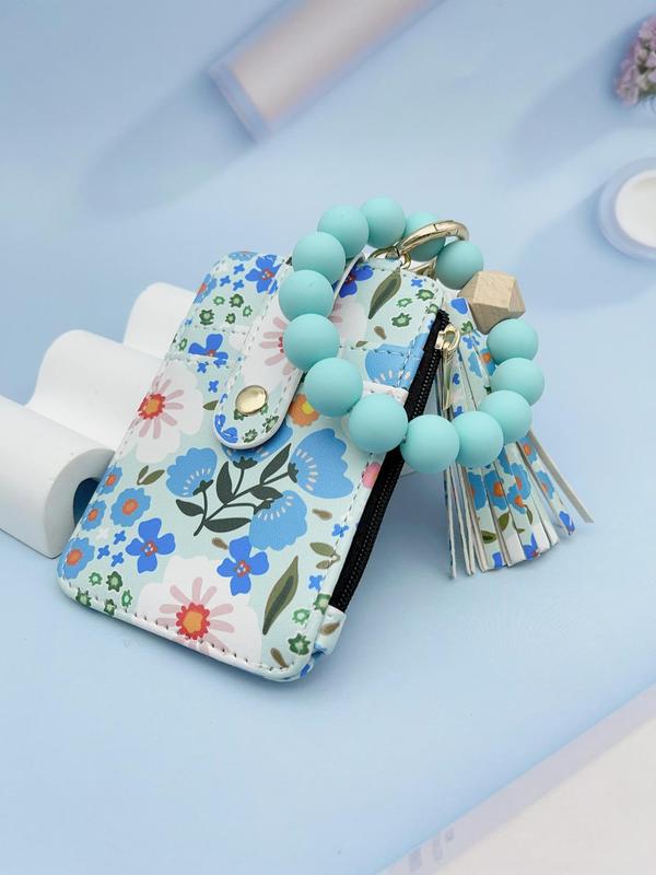 Dames Boho Sleutelhanger met Kwastjes & Kralen – Met Bloemenprint Portemonnee