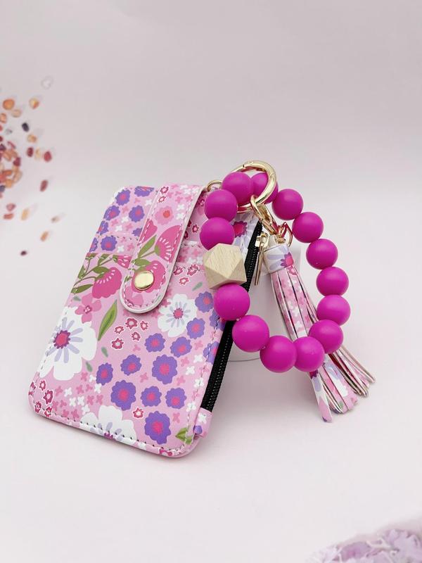 Dames Boho Sleutelhanger met Kwastjes & Kralen – Met Bloemenprint Portemonnee