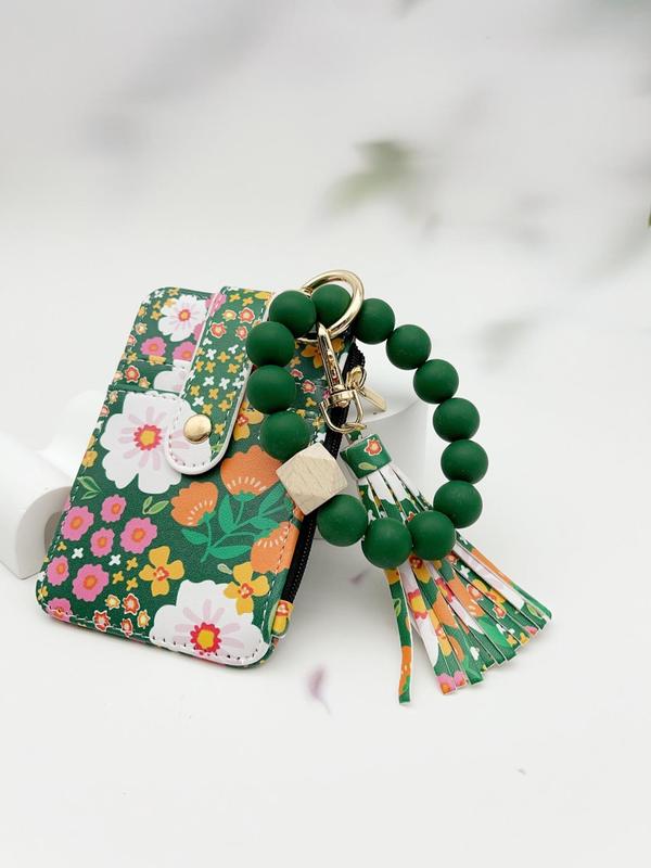 Dames Boho Sleutelhanger met Kwastjes & Kralen – Met Bloemenprint Portemonnee