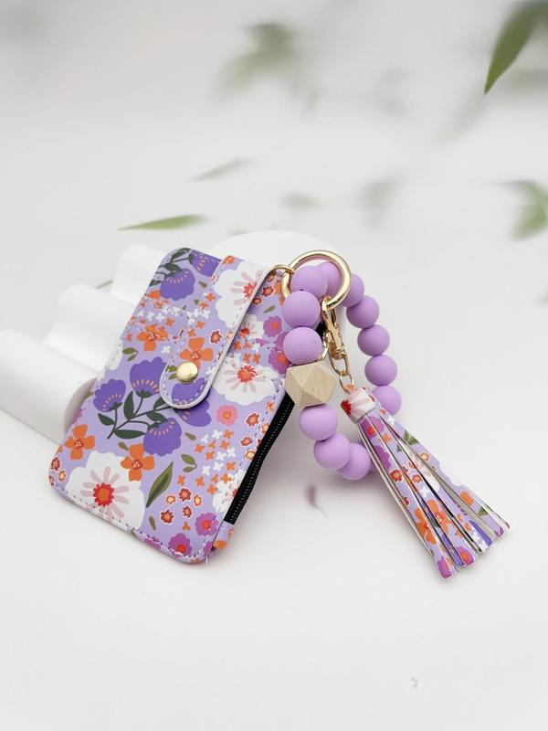 Dames Boho Sleutelhanger met Kwastjes & Kralen – Met Bloemenprint Portemonnee