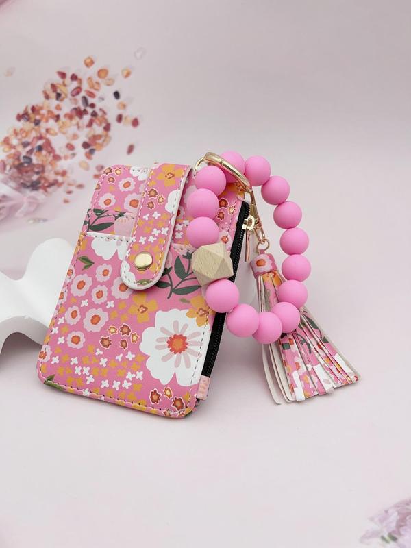 Dames Boho Sleutelhanger met Kwastjes & Kralen – Met Bloemenprint Portemonnee