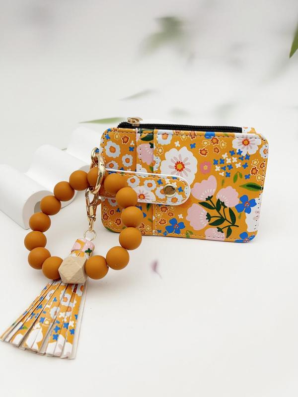 Dames Boho Sleutelhanger met Kwastjes & Kralen – Met Bloemenprint Portemonnee