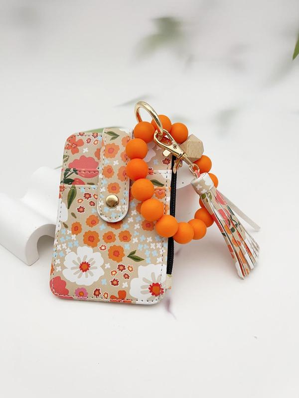 Dames Boho Sleutelhanger met Kwastjes & Kralen – Met Bloemenprint Portemonnee