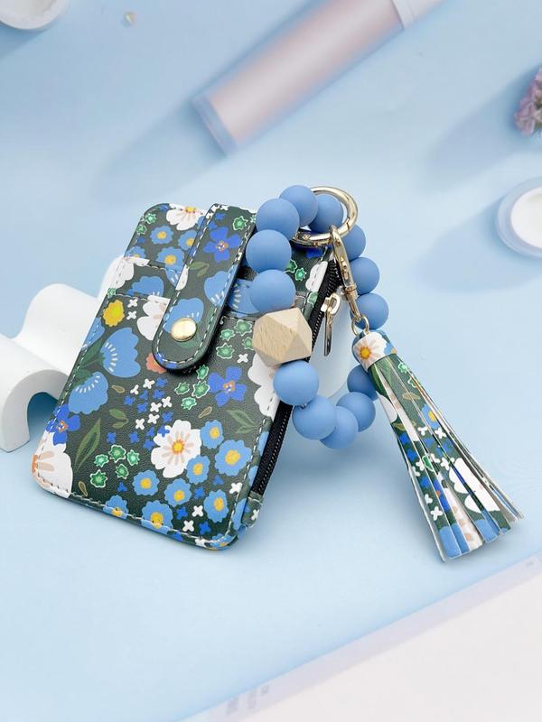 Dames Boho Sleutelhanger met Kwastjes & Kralen – Met Bloemenprint Portemonnee