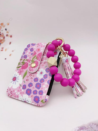 Dames Boho Sleutelhanger met Kwastjes & Kralen – Met Bloemenprint Portemonnee