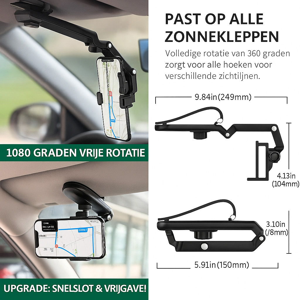 Multifunctionele 1080° Telefoonhouder – Voor Zonneklep & Volledige Rotatie