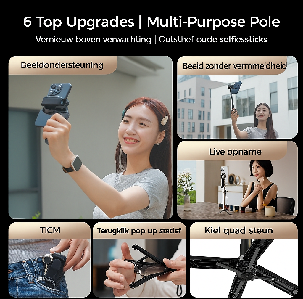 Nieuwe 4-in-1 Magnetische Mini Selfiestick – Multifunctioneel met 360° Rotatie